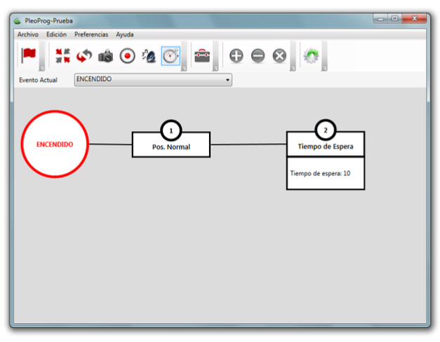 PleoProg desktop interface showing a visual behavior diagram